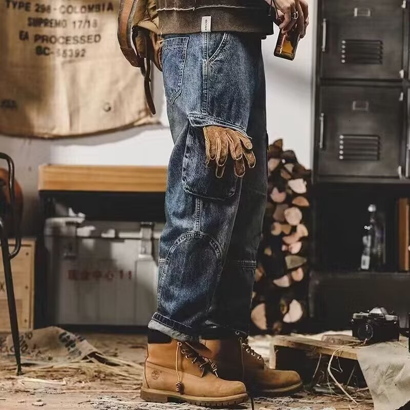 American Retro Designer Pants Men's Jeans Autumn Trendy High Street Large Pocket Cargo Pants Loose Fit Plus Size Versatile Casual Pants For Men