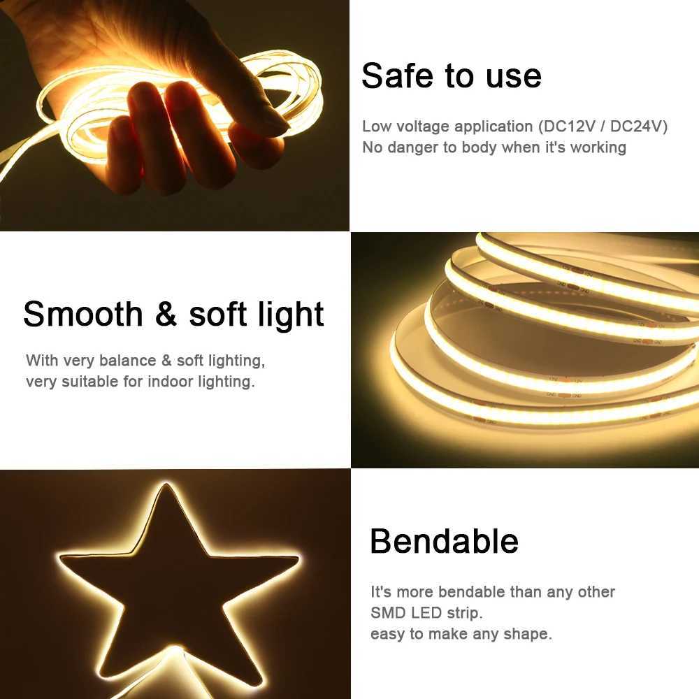 COB LED Strip Light 5V 12V 24V 320 480 384 528 LEDs Flexible Tape 5mm 3mm 8mm PCB Warm Natural White High Density Linear Lights H260304