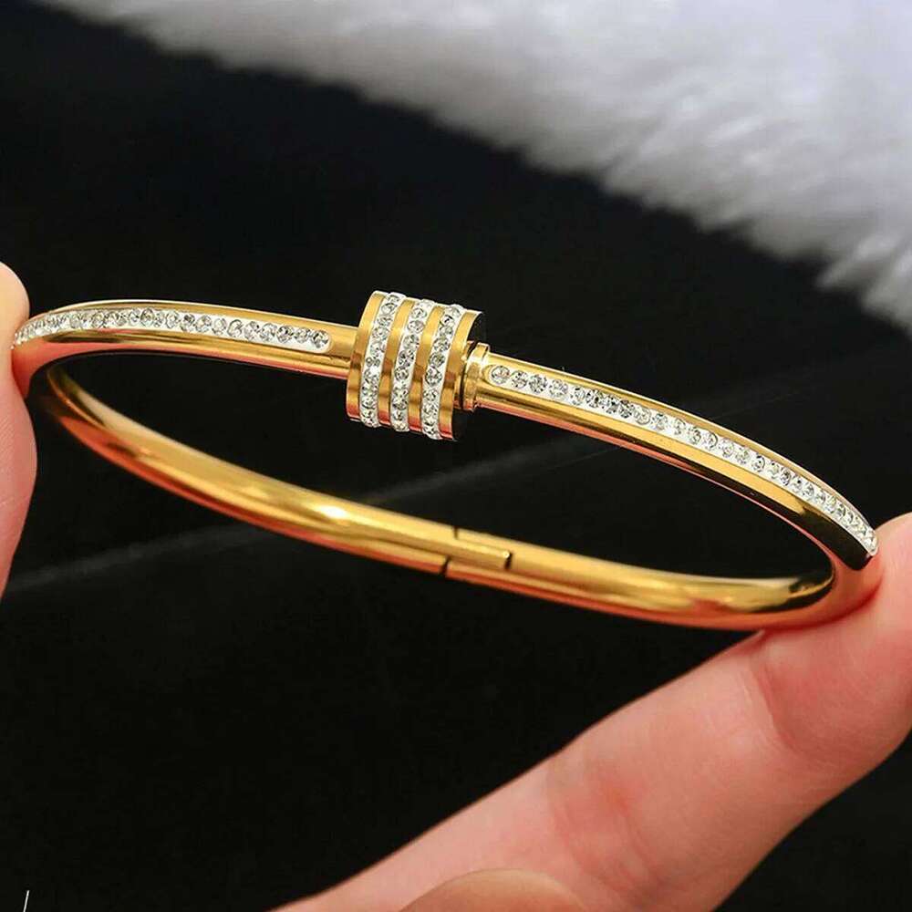1Pcs Luxury Stainless Steel Shiny Zircon Bracelet for Woman Trendy Gold Color Couple's Bangles Jewelry Party Birthday Gifts XJ260303