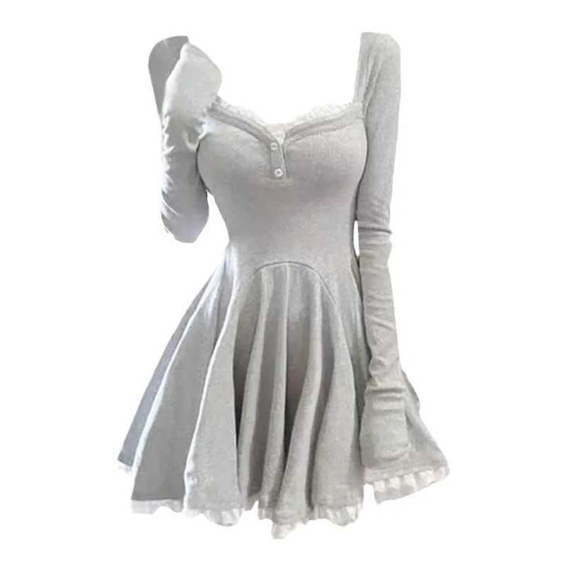 Pure Desire Sexy Lace Trim Dress Spring Autumn Slimming Waist Small Size Pleated A-Line Puffy Skirt M260304