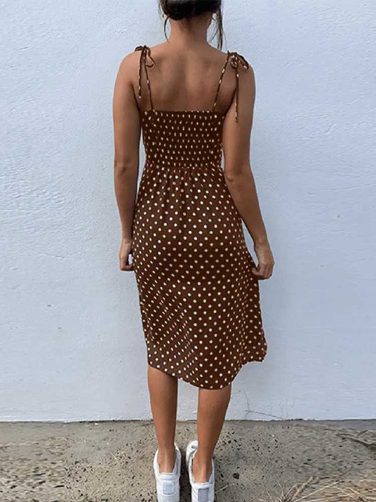 Dresses Sundress Summer Women Causal Polka Dot Sleeveless High Pleated elastic waist V-Neck Beach Dress Vestidos De Verano M260304