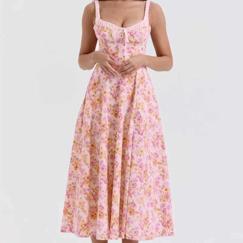 Summer Elegant New Sexy Patchwork Printed Strappy Dresses Women Fashion Slim Lace-up Long Dress Ladies Holiday Party Dress M260304