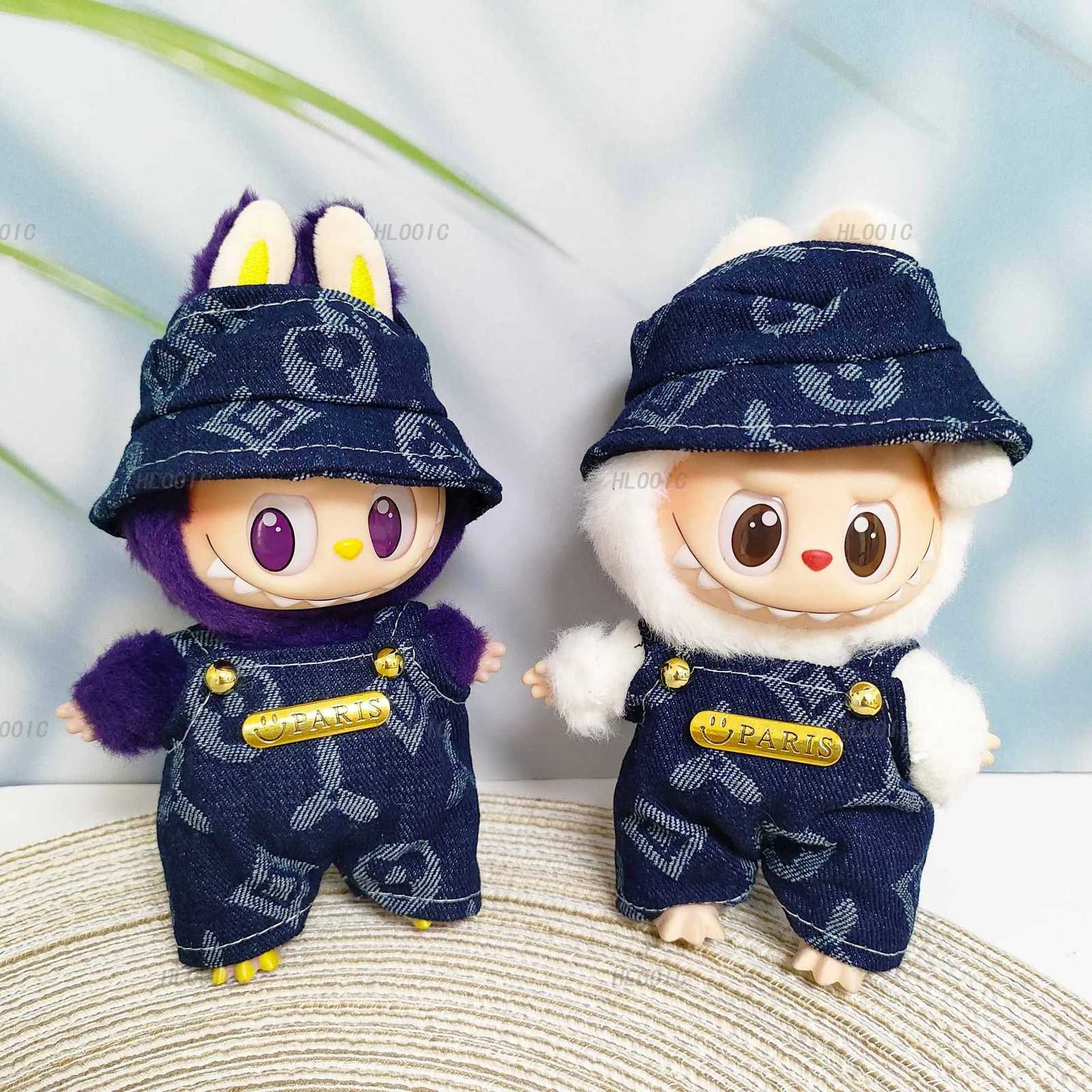 Denim Jacquard Overalls & Bucket Hat Set with Metal Badge for 15cm 17cm Labubu Dolls Outfit AccessoriesT260304