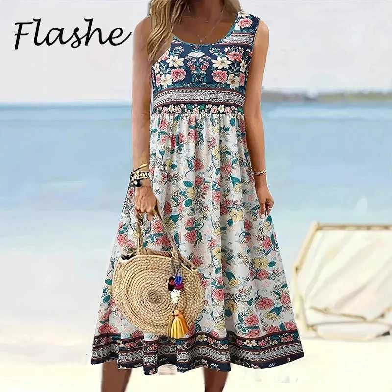 Summer Bohemian Dresses For Women Casual Sleeveless Long Dress Women Vintage Printed Beach Party Dress Plus Size Boho Vestidos M260304