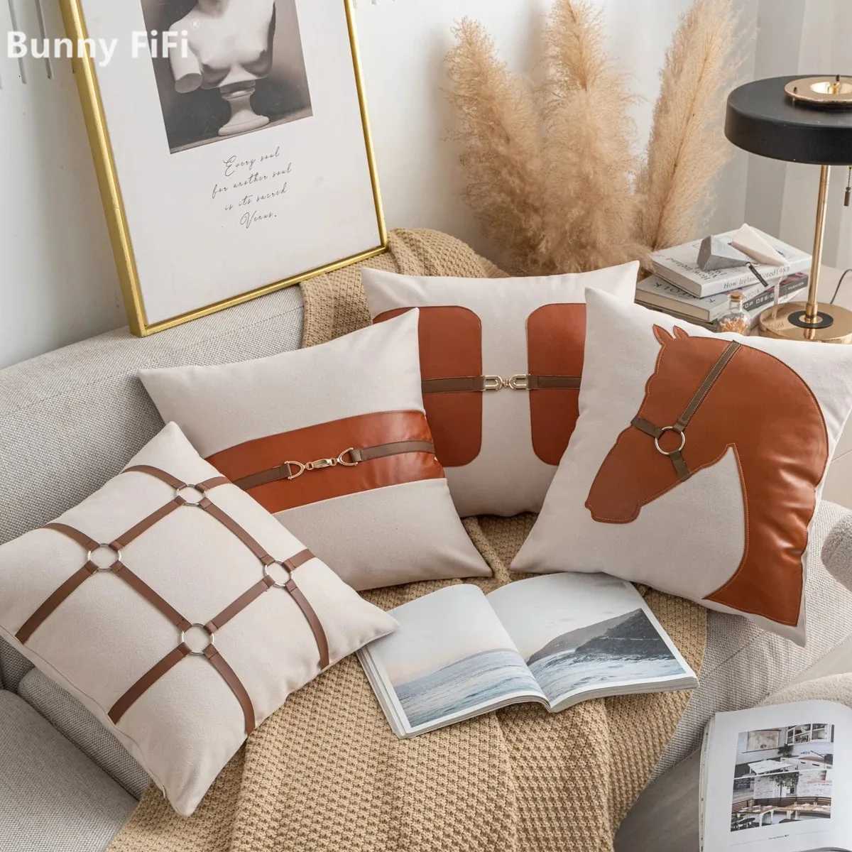 Faux Leather Horse Cushion Cover, Buckle Decor for Sofa Home CarT260304