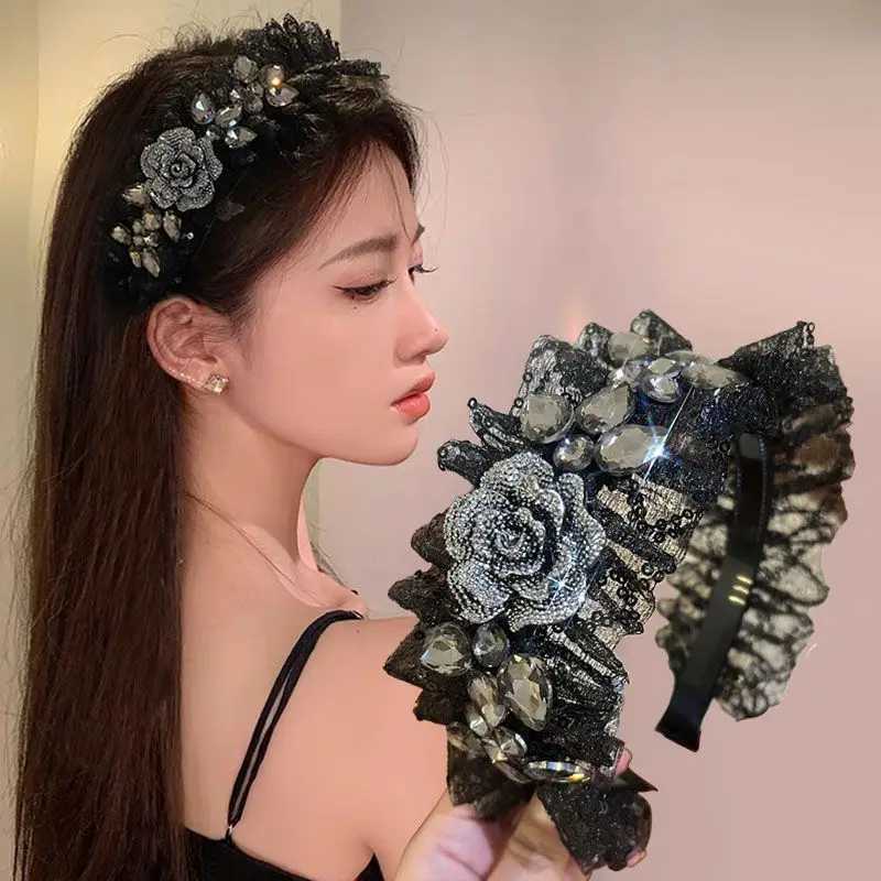 Female Casual Hairpin New Headwear 2025 Korean Style Women Black Lace Rhinestone Flower Hairband Headband Wide Edge Hair Clip H260304 - view 5