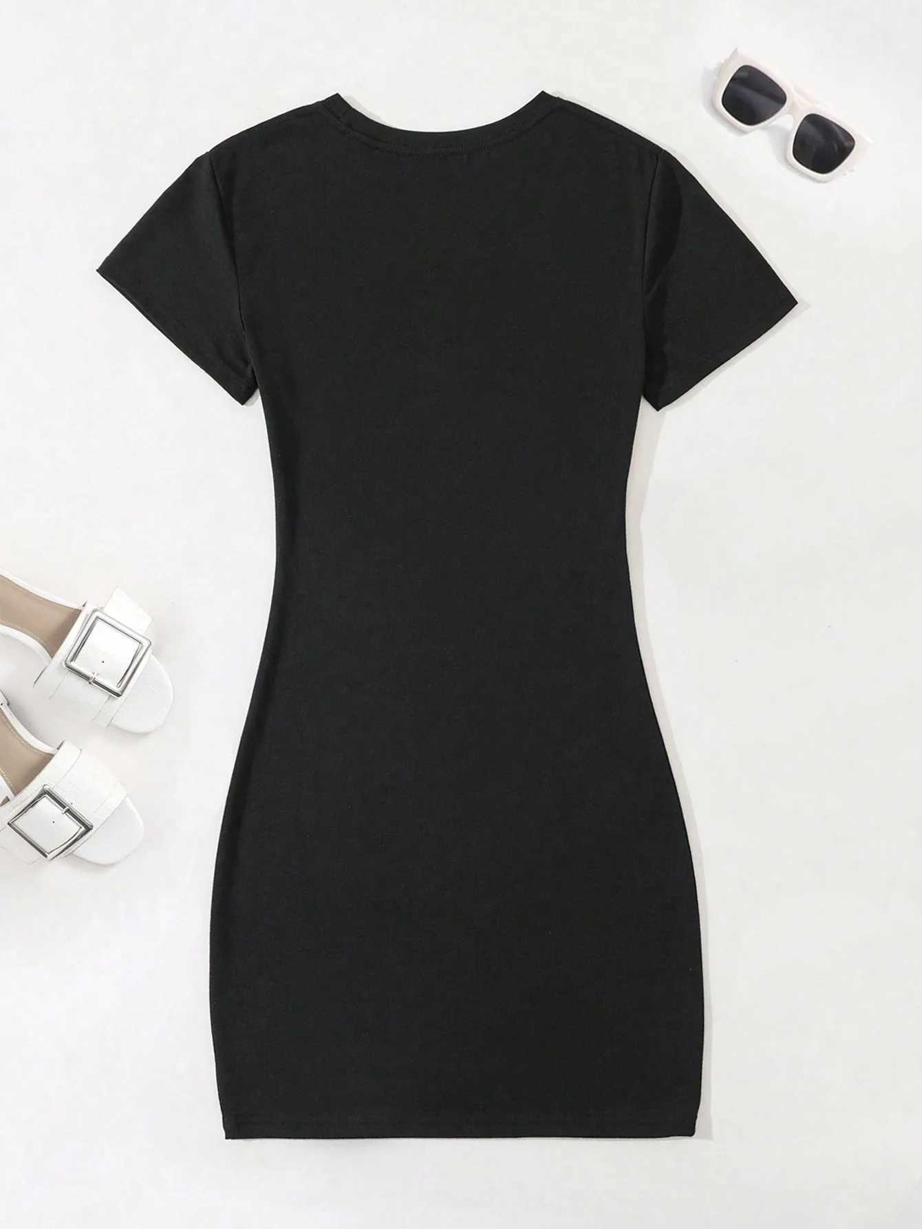 Womens Summer Bodycon Elegant Sexy Round Neck Short Sleeve Fashionable Versatile Slim Dress Lettering Print A-line hip-hugging M260304