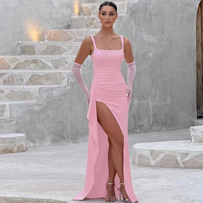 Womens Bodycon Evening Dress Spaghetti Strap Square Neck Slit Midi Dress Sexy Formal Prom Night Gown Party Dresses M260304