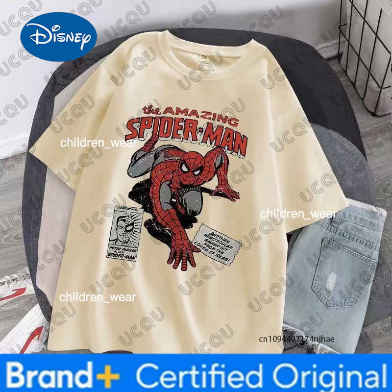 Disney Spider-man Movie Retro Comic Print Children Cotton Tshirt Summer Short Sleeve Tees Parent-child Clothes Casual Kids/Adult Tops H260304