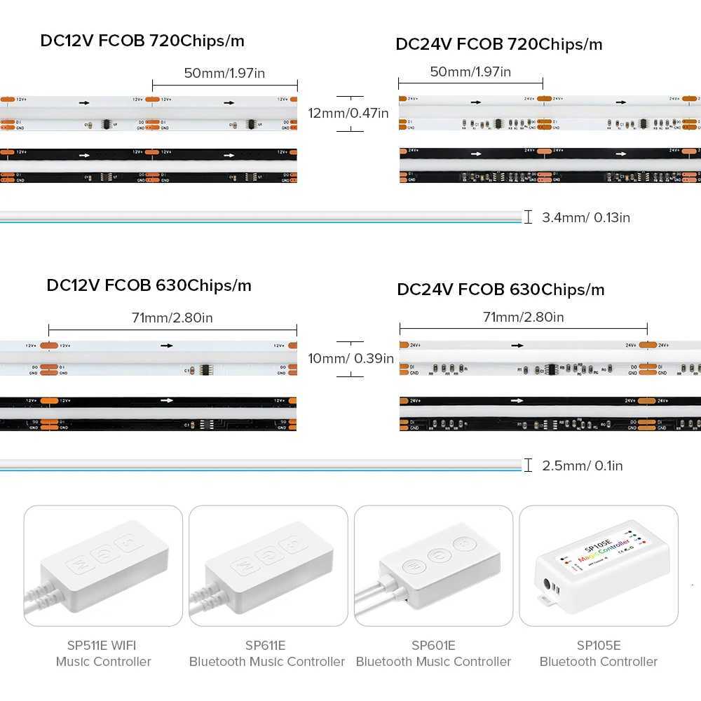 FCOB SPI RGB IC LED Light Strip WS2811 Addressable 720 630 LEDs Dream Color DC12V 24V WS2812B High Flexible FOB COB Lights RA90 H260304