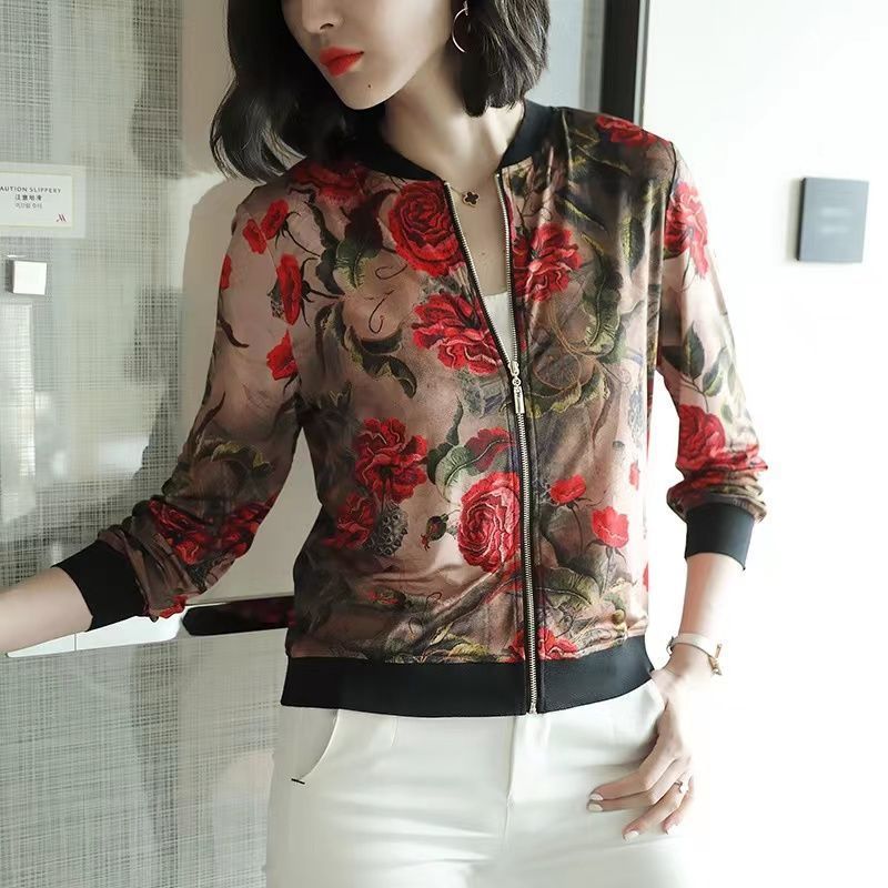 Floral Embroidery Baseball Collar Long Sleeve Coat Sheer Mesh Patch Zip Up Jacket 2025 Autumn Winter Spring Fashion Casual 250829