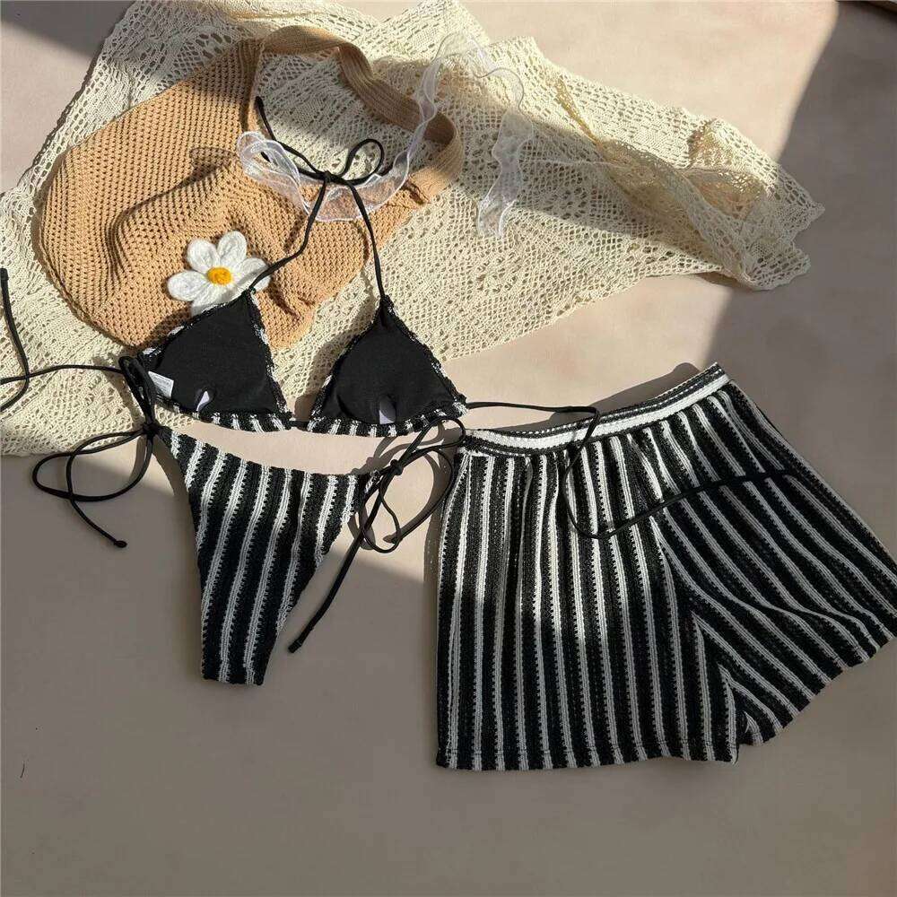 Orange Striped Swimwear Halter String Triangle Bikinis Sets 3 Pieces Bottoms Shorts Mini Micro Thong Sexy Swimsuit Woman 2025 Y260303
