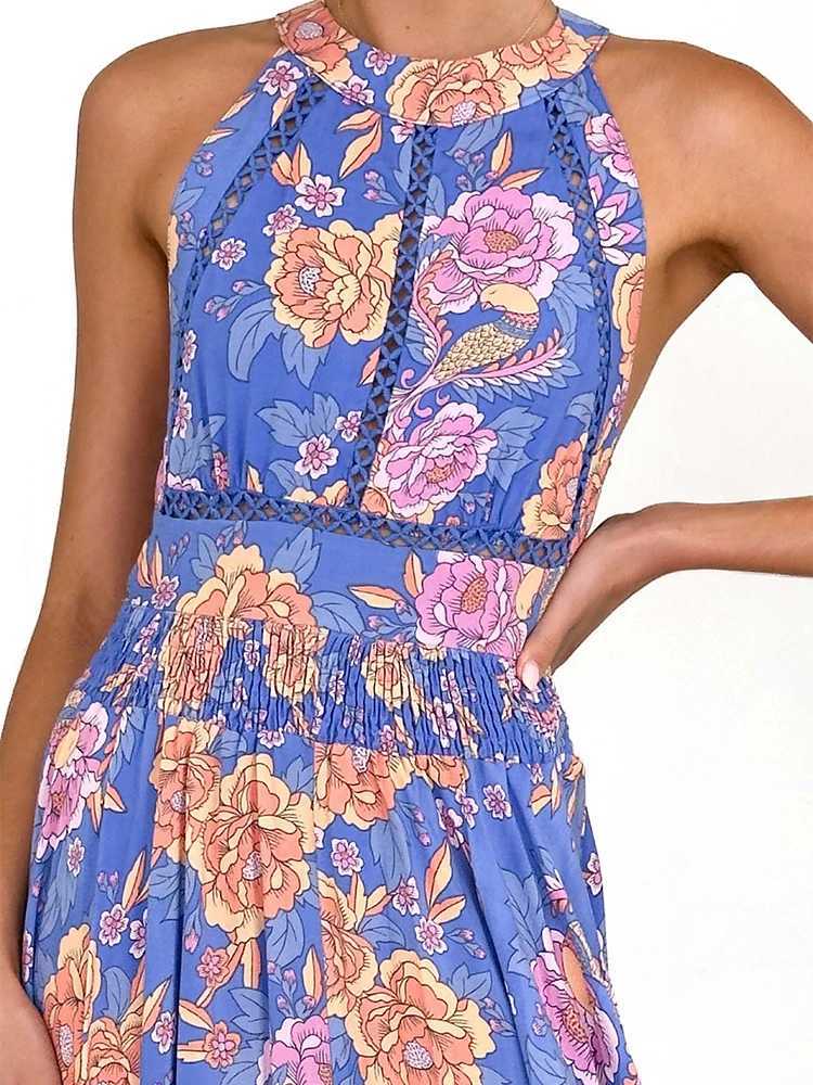 Summer New Pleated Long Dresses Fashion Pattern Printed Sleeveless Swing Beach Dress Female O-neck High Waisted Bohemian Dress M260304