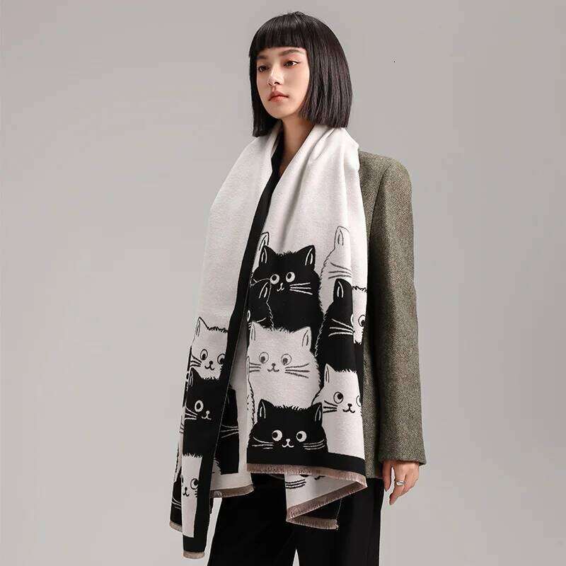 2024 New Fashion Cute Cat Ladies' Jacquard Pashmina Cashmere Winter Thick Warmth Shawl Coldproof Windproof Blanket Scarf XJ260304