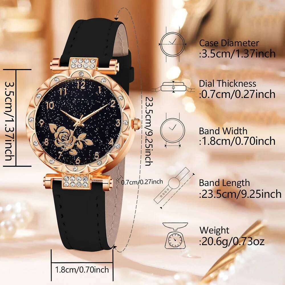 7PC Women's Fashionable and Elegant Flower Element Dial Quartz Watch Bracelet Necklace Ring Earrings Set Perfect Gift XJ260303