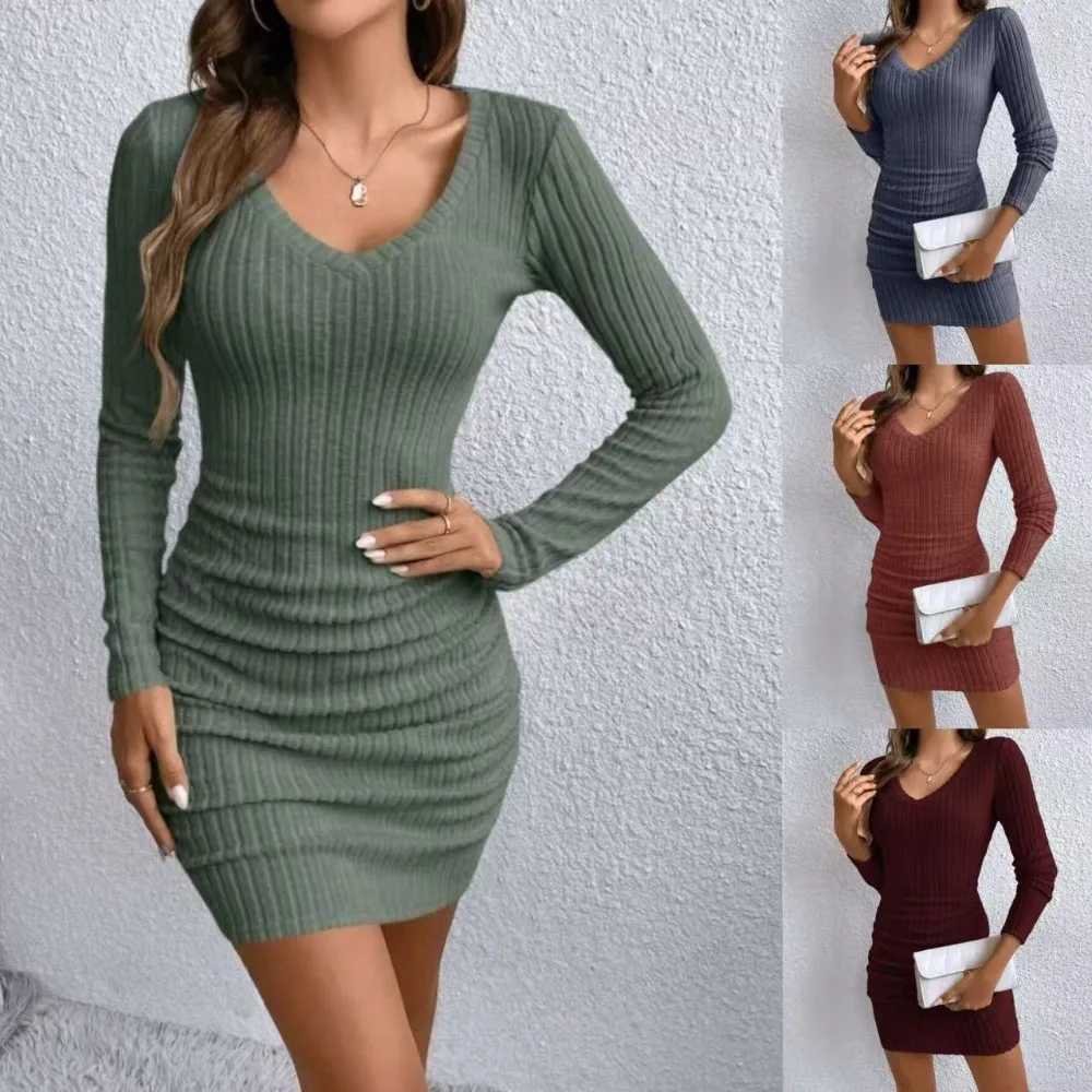 Womens Ribbed Bodycon Dress - Long Sleeve V-Neck Slim Fit Midi Dress for Fall Work Date Night and Casual Chic M260304