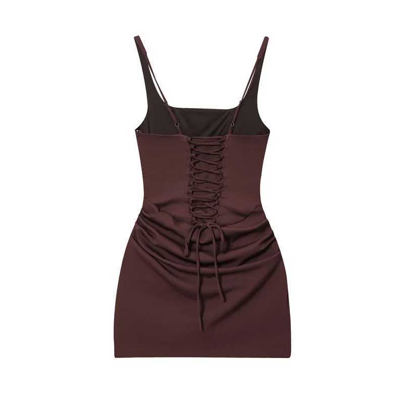 Womens Dress 2025 Autumn New Arrivals Reddish-Brown Spaghetti Strap Sexy Bodycon Mini Dress with Tie Details Stylish and Unique M260304