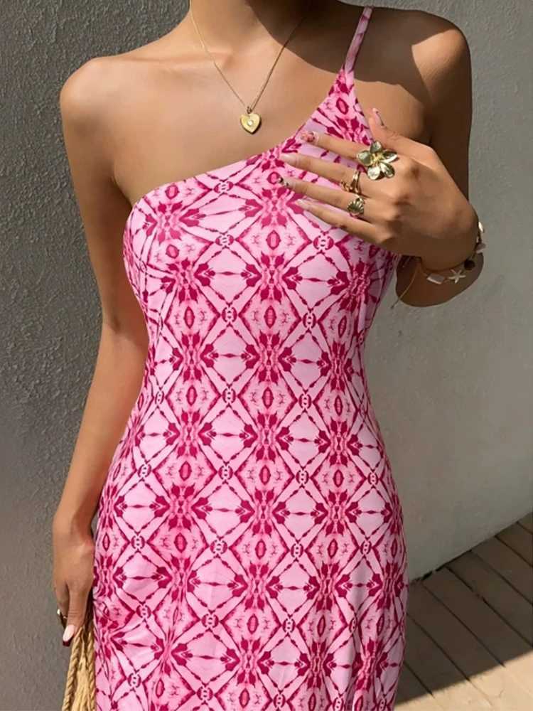 Single shoulder camisole strapless backless printed slit dress 2026 summer new product casual vacation style womens dress M260304