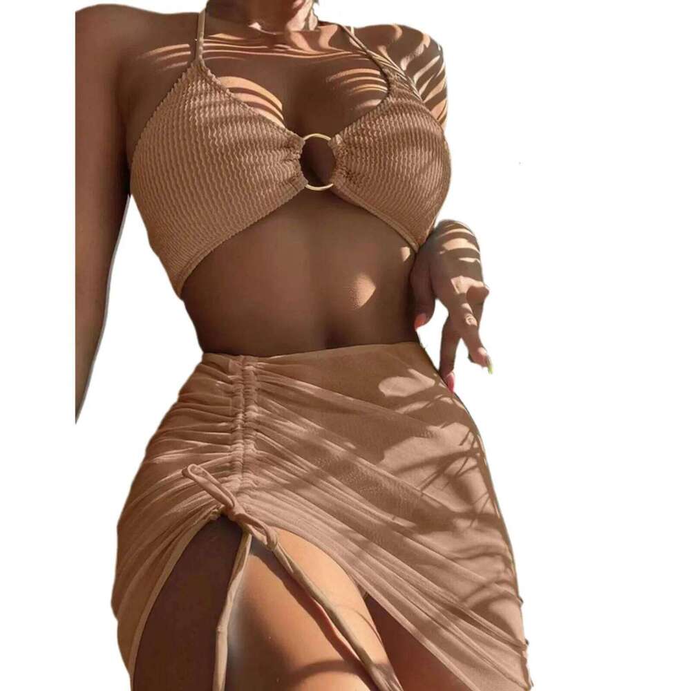 Bikini Women'S Sexy Solid 3 Piece Bathing Suit Seductive Hollow Buckle Biquini With Adjustable Drawstring For Womens Y260303