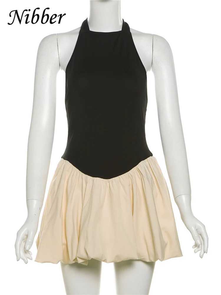 Nibber Halter Backless Dress Women Bandage Knot Ballet style Sleeveless Contrast Patchwork Trend Elastic Streetwear Mini Bodycon M260304