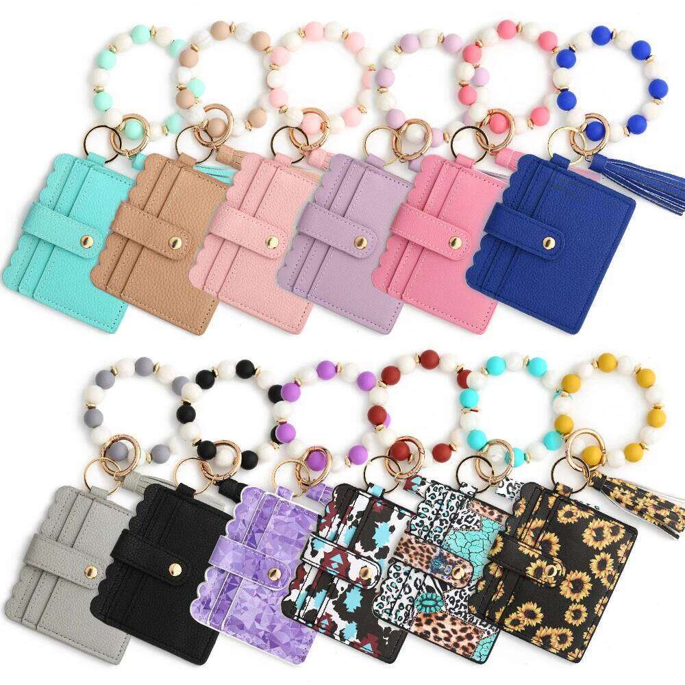 2024 Bead Solid Card Bag Wristlet Keychain Silicone Beaded Bracelet Leather Tassel Wallet Bangle C260304