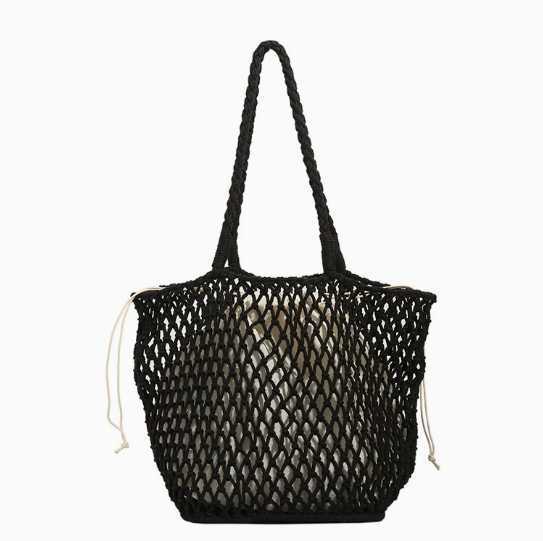 Large-capacity tote bag with cotton rope mesh pocket, beach bag with woven mesh pocket, straw bag with woven net pocket H260304