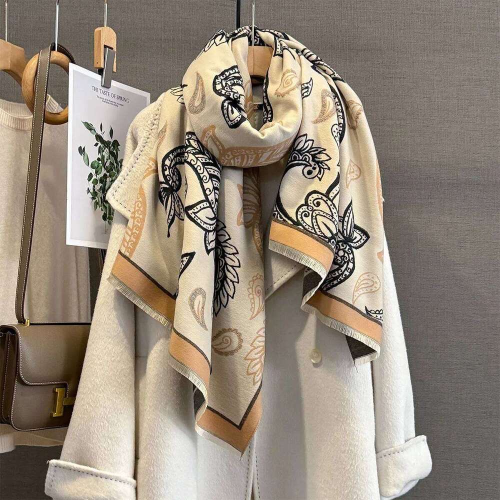 Winter Neck Warmer Scarf For Women Thickened Tassel Pashmina Shawl Cashew Print Faux Cashmere Warps Autumn Elegant Blanket XJ260304