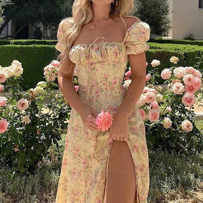 Women Floral Print Split Dress Sweet Puff Short Sleeve Square Collar Slim Fit Maxi Dress Holiday Summer Casual Sexy A-Line Dress M260304