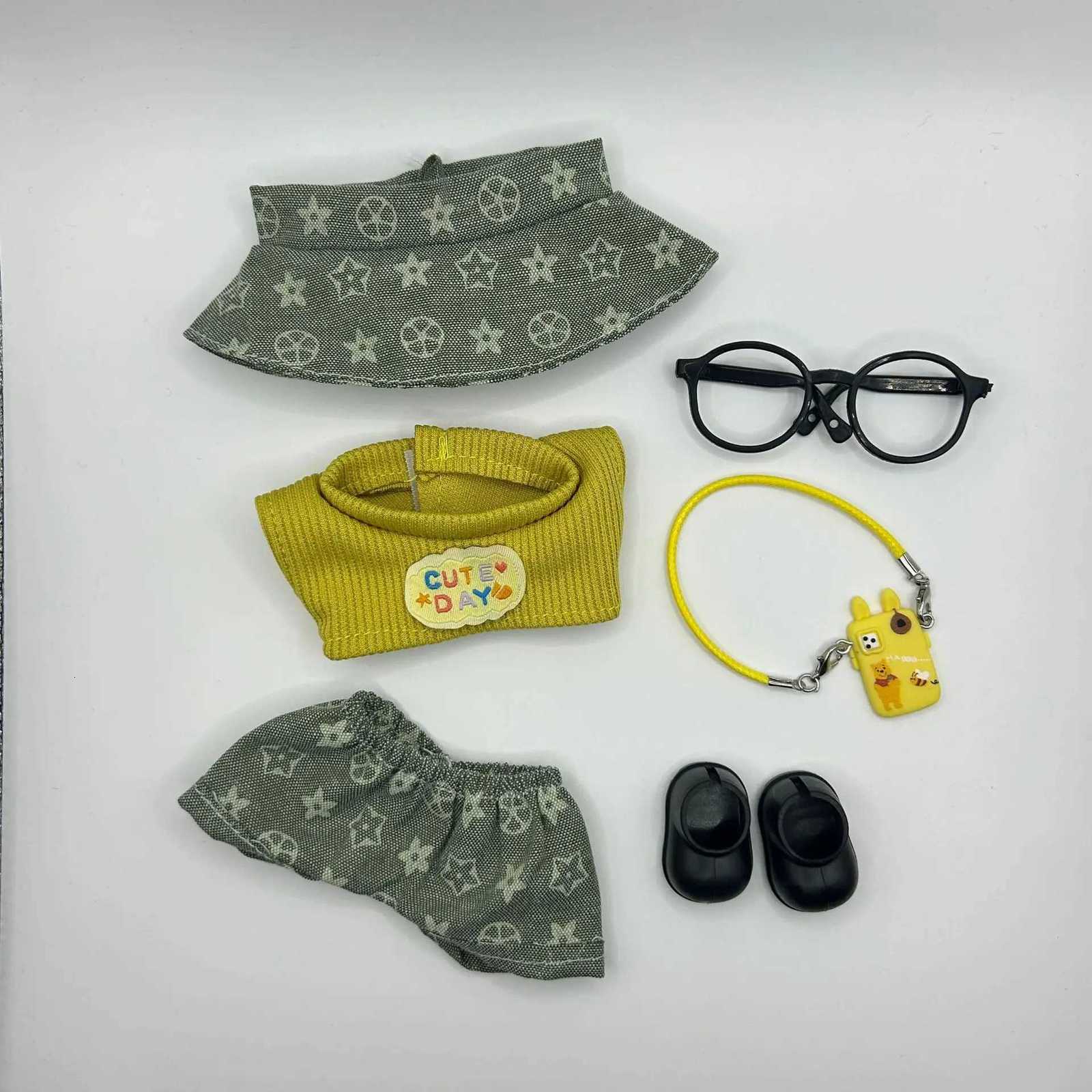 Retro Casual Set with Bucket Hat, Sweater, Phone Bag & Glasses for 10cm & 40cm Sitting Party Labubu Dolls Trendy Outfit AccessoriesT260304