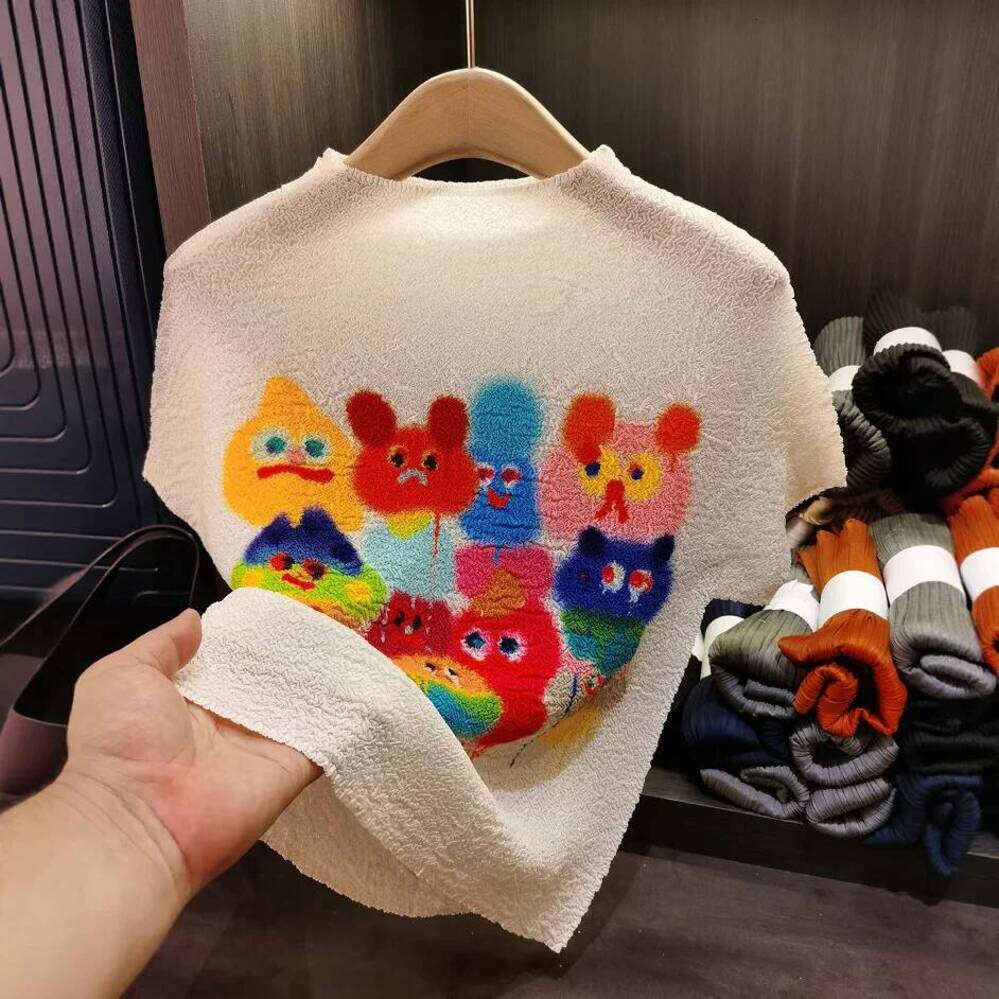 ZHE HAN Miyake Pleated T-Shirt Plisse Colourful Cartoon Print Fold Top Pleat 2025 Summer New Stand-Up Collar Pleatst Shirt Women