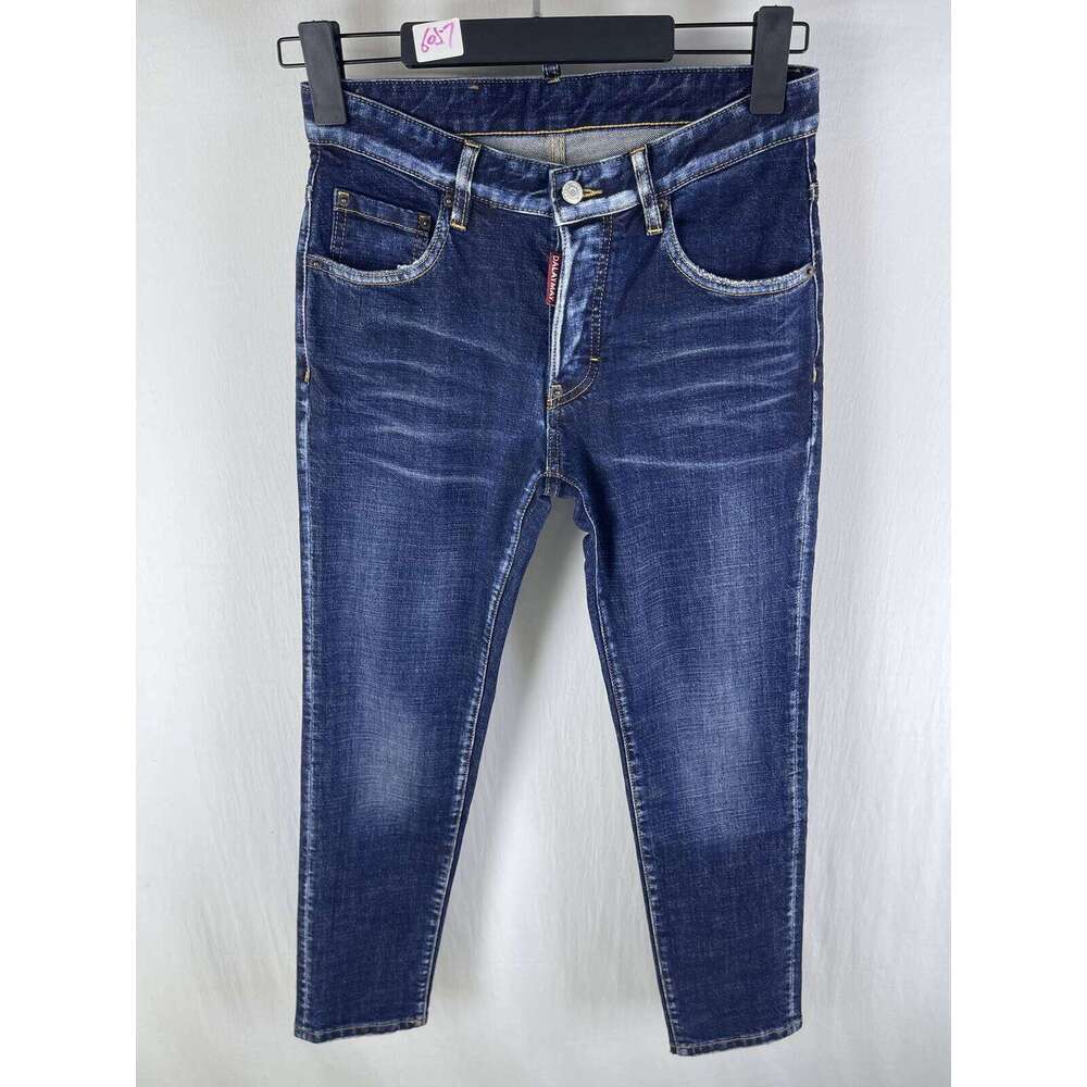 6057 Four Seasons New D2 Jeans Men's Washed Ripped Patch Paint Printed Feet Blue 26Y0304