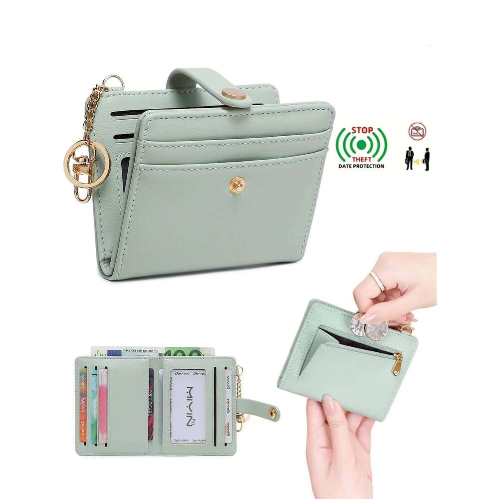 MIYIN Ultra-thin women's wallet RFIDshielded bi-fold credit card/ID card holder minimalist short zipper coin purse with keychain C260304