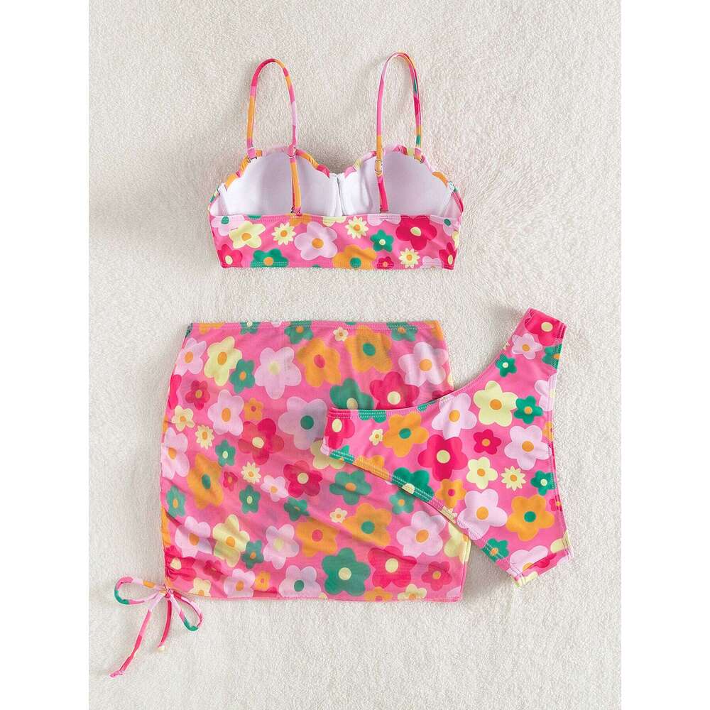 2023 Sexy Floral Print Three Pieces Set Push Up Swimwear Women Swimsuit Female Bikini And Skirt Bathing Suit Beach Y260303