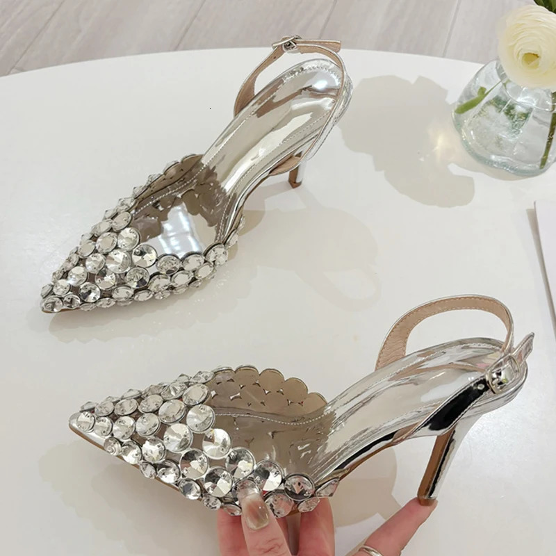 Liyke Elegant Pointed Toe Slingback Stiletto Sandals Crystal Diamonds Women Pumps High Heels Wedding Prom Shoes Zapatos Mujer 260306