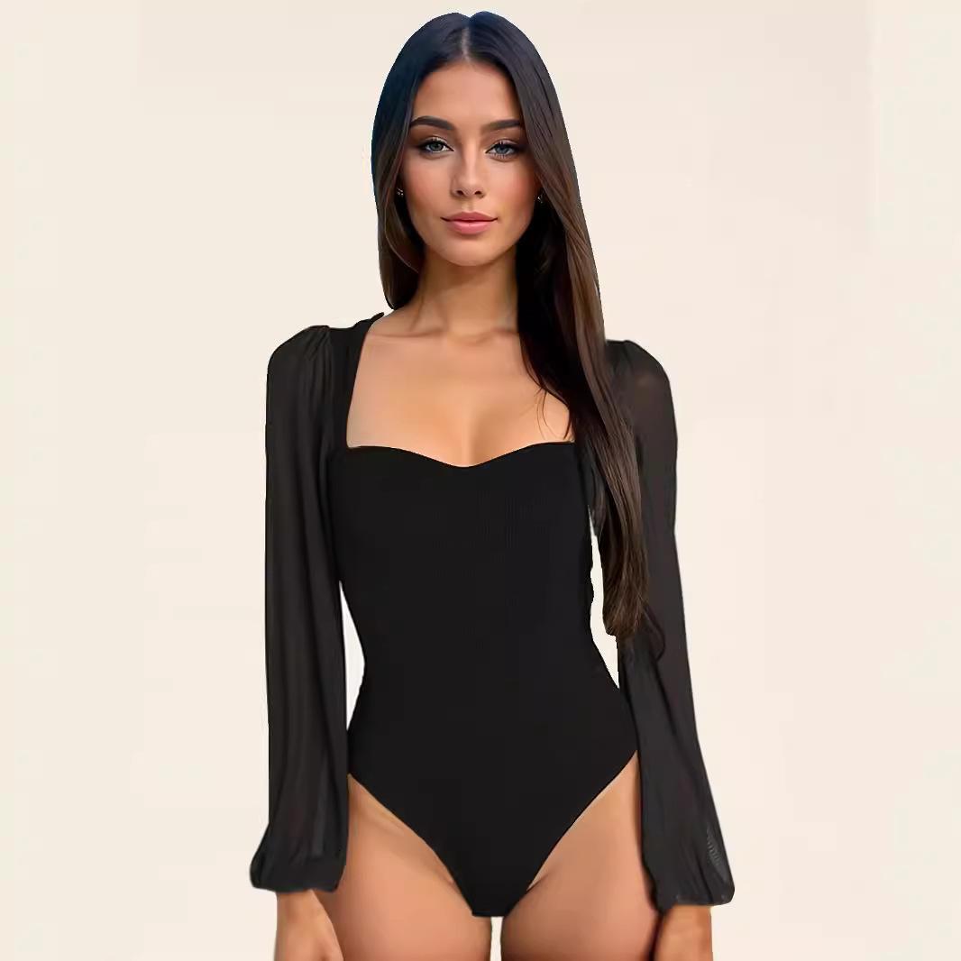 BornToGirl sexy tight fitting womens black and white tight fitting long sleeved one-piece mesh tight 240827