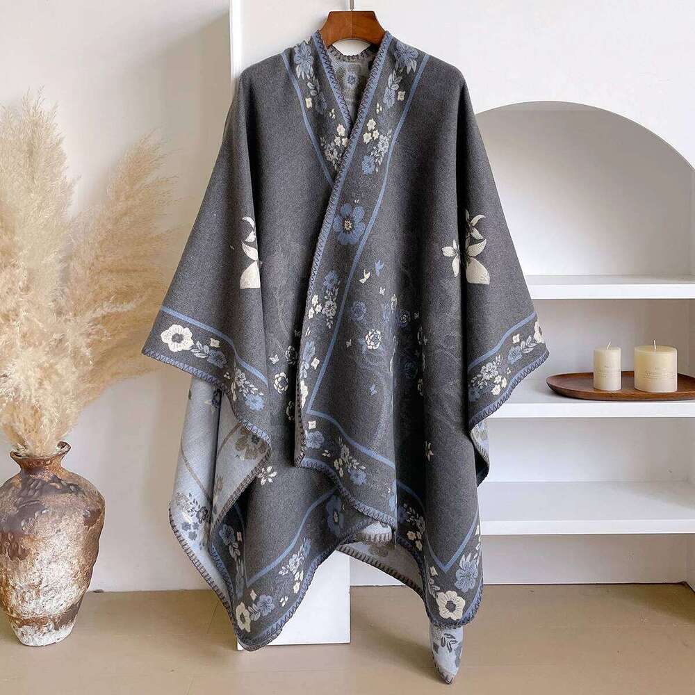Brand Fashion Women's Cashmere Winter Shawl - Vintage Floral Printed Oil Painting Style Pashmina Thick Wrap & Poncho XJ260304