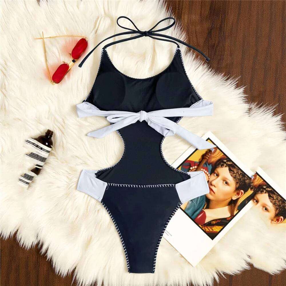 Sexy Halter String Backless Swimsuit One Piece Hollow Out Monokini Black White Patchwork Swimwear Woman 2025 Summer Bathing Suit Y260303