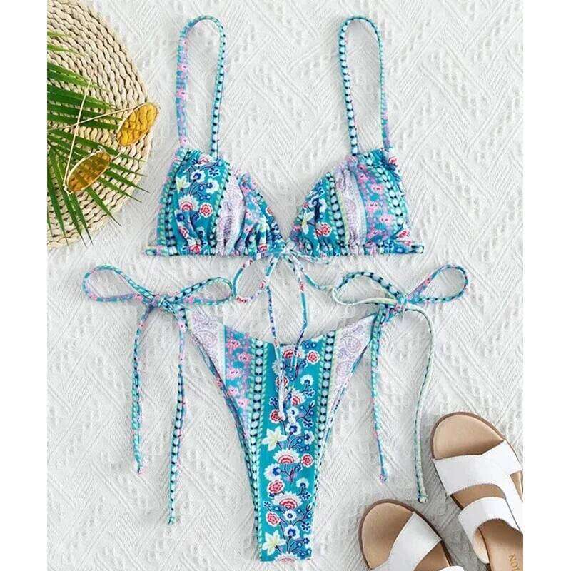 2025 Floral Print String Bandage Bikini Set Swimwear Women Summer Sexy Push Up Bathing Suit Beachwear Halter Biqiuni Swimsuit Y260303