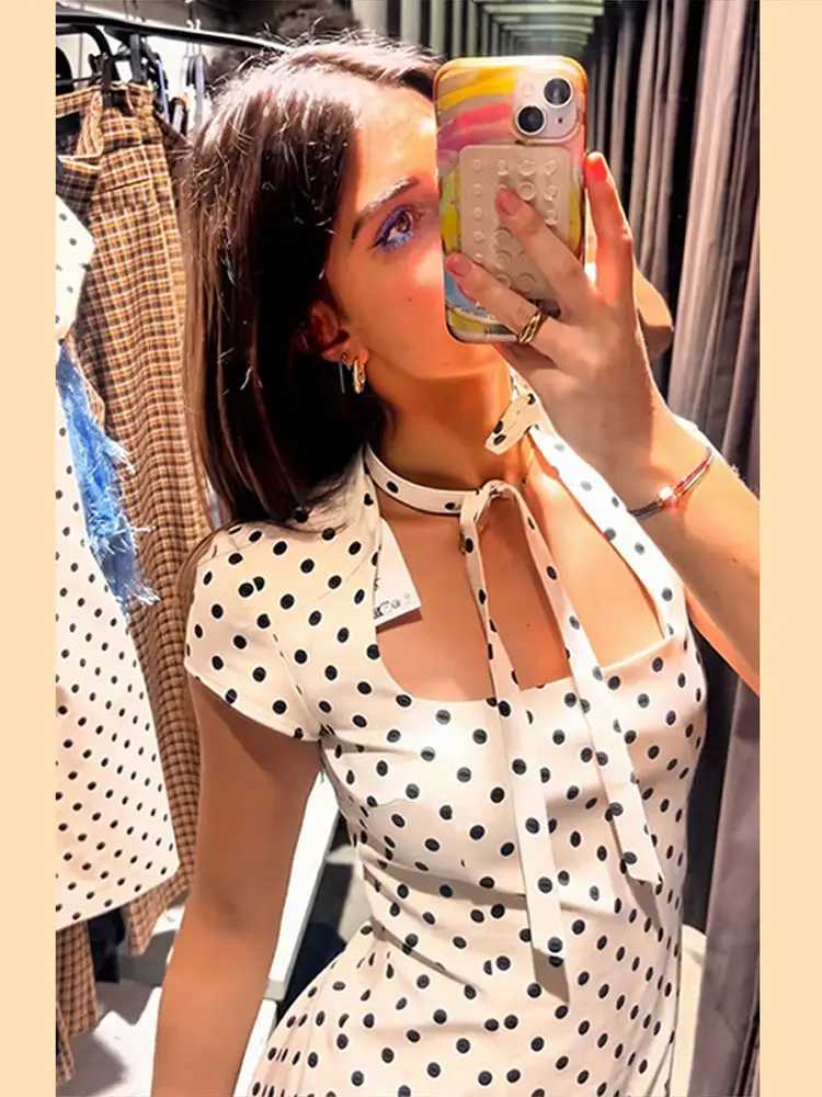 Fashion Polka Dot Mini Dress For Women 2026 Spring Summer Short Sleeve Lace Up Collar Party Dress Lady Bodycon Evening Vestidos M260304