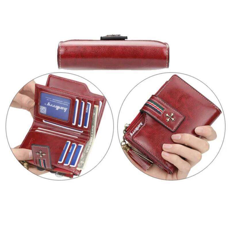 New Pu WOMEN'S wallet with oil wax leather tassels, fashionable three-fold short wallet, multi-slot zipper coin purse C260304