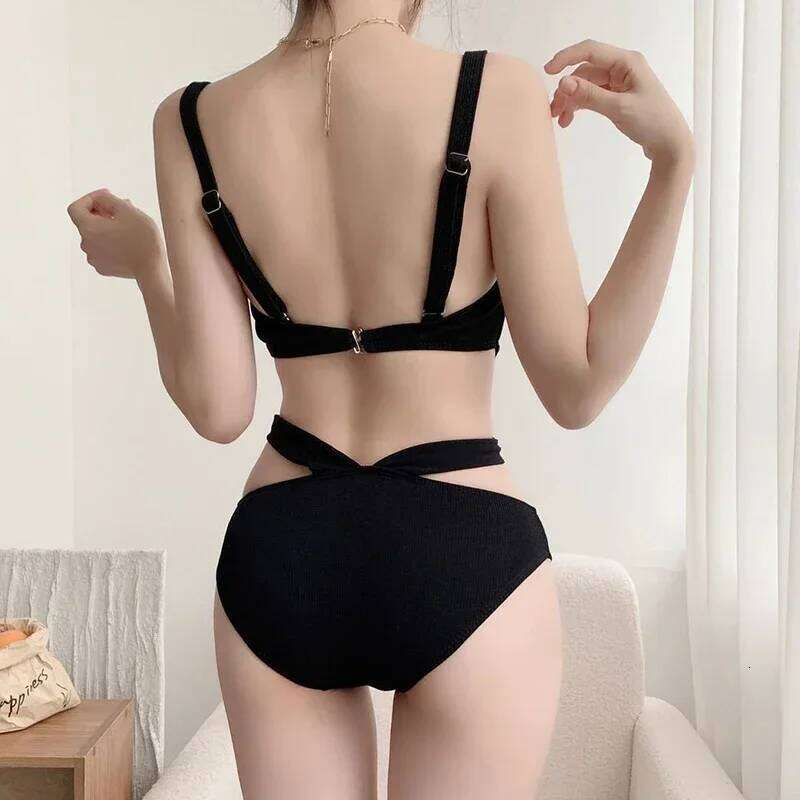 Black One Piece Swimsuit Women Hollow Out Lace Up High Waist Suspender Bathing Suit 2025 New Beach Vacation Temperament Swimwear Y260303