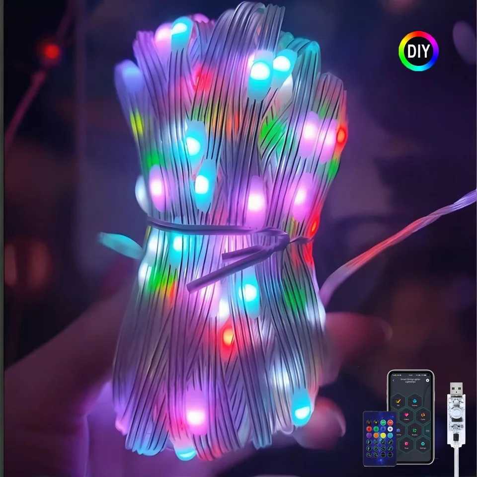 Bluetooth APP DIY LED Fairy String Light RGB IC Waterproof Addressable Dream Color Garland Christmas Party Decor Lamp USB 5M-20M H260304
