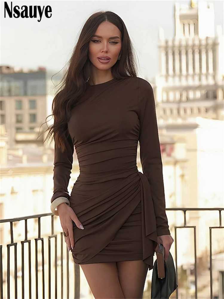 Nsauye New Fashion Women Short Wrap High Waisted Mini Winter Dress 2025 Outfits Sexy Night Club Party Evening Long Sleeve Dress M260304