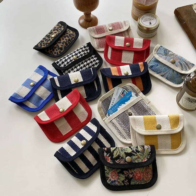 Striped Plaid Canvas Holder Portable Hasp Coin Purse ID Credit Card Cover Multifunctional Headphone Key Storage Bags C260304