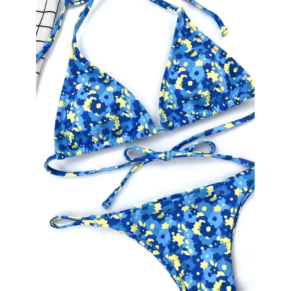 Blue Floral Lace-up Vintage Print Fashion Girl Summer Clothes Ladies Split Swimsuit 2022 Sexy Bikini Y260303