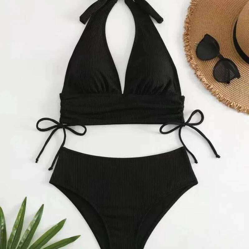 2025 Summer Women's Solid Color Halter Neck Two-Piece Swimwear Quick-Dry Swimsuit Holiday Corset Bikini Set Beachwear Y260303