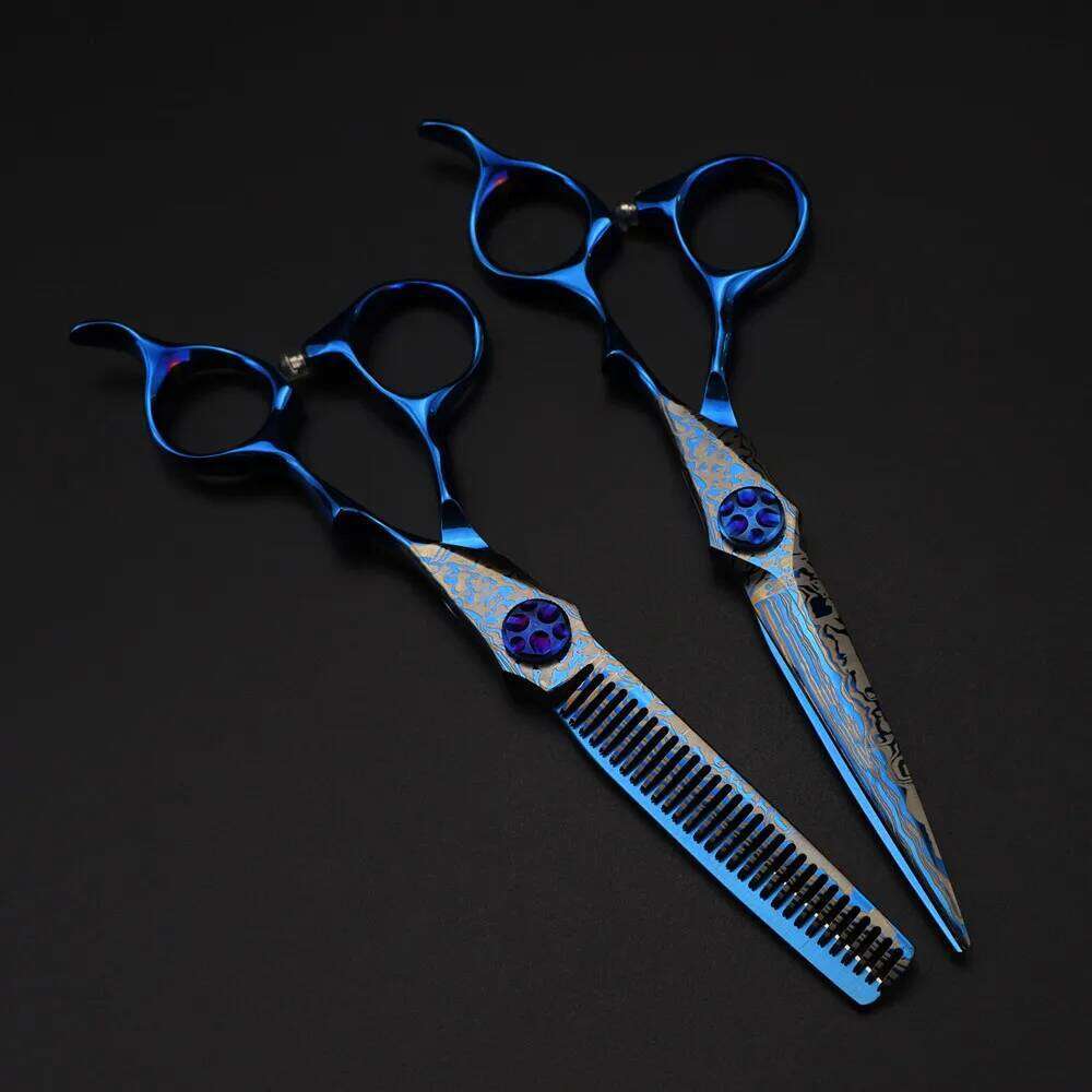 Professional 6 '' Blue Damascus hair cutting Gem screw haircut thinning barber tools steel shears Hairdressing scissors H260303
