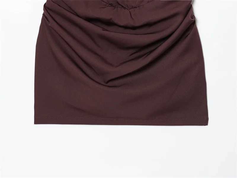 Womens Dress 2025 Autumn New Arrivals Reddish-Brown Spaghetti Strap Sexy Bodycon Mini Dress with Tie Details Stylish and Unique M260304