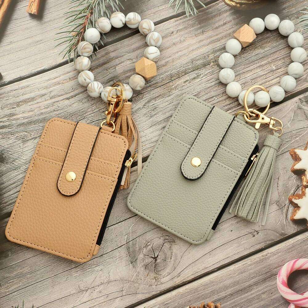 2023 Fashion multifunctional Pattern Credit Card Bag Pu Leather Coin Purse Women Silicone Bead Bangle Keychain C260304