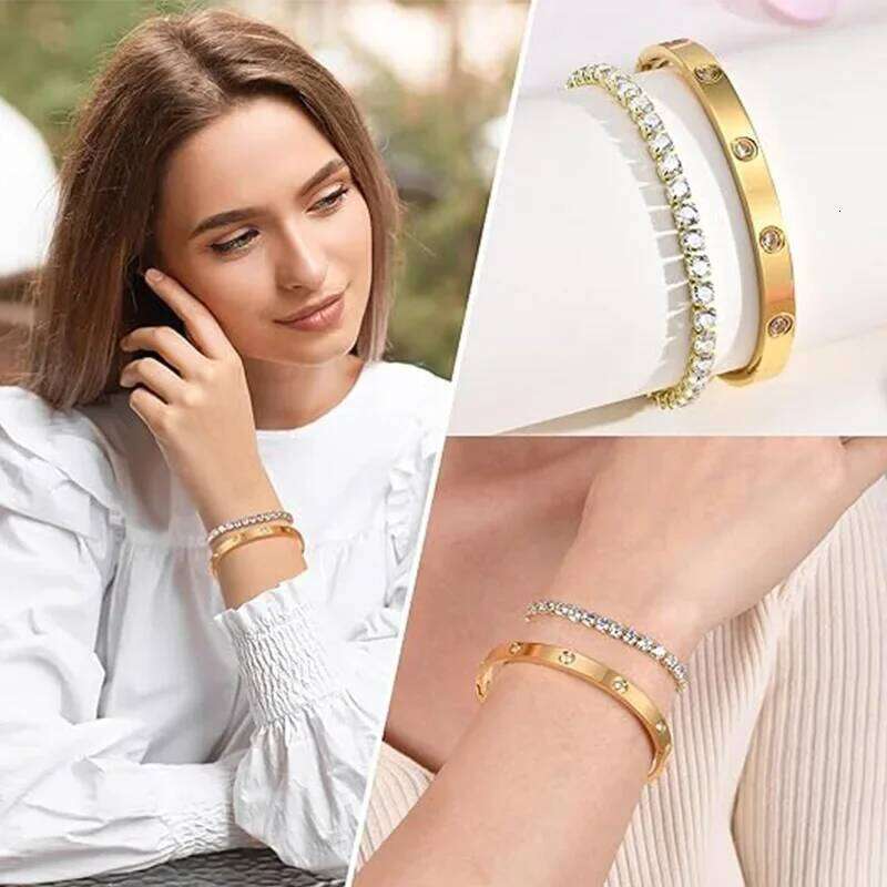 2Pcs/Set 18K Gold Plated Dainty Love Bangle Bracelets 4/6mm Cubic Zirconia Classic Tennis Bracele for Women XJ260303